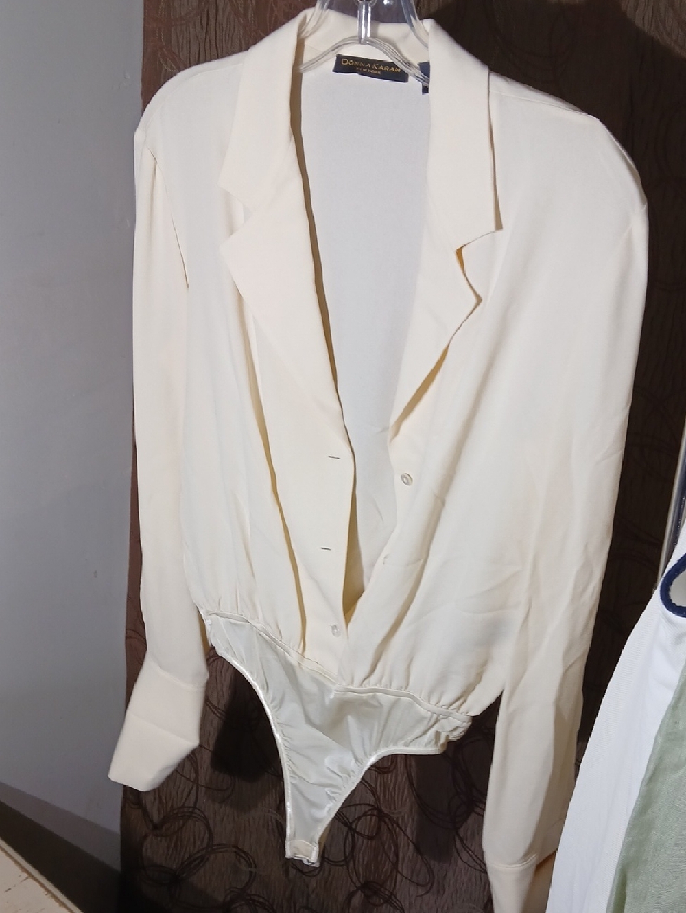Donna Karan Ivory Long-Sleeve Button Silk Bodysuit Blouse